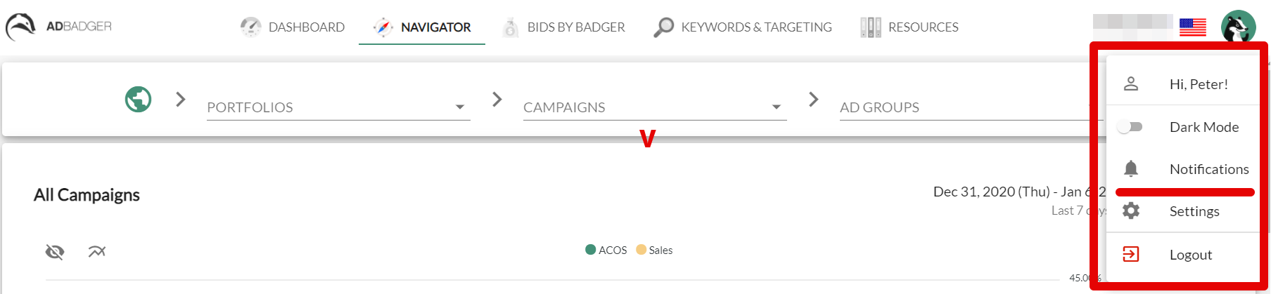 Screenshot of Notifications menu location in Ad Badger.