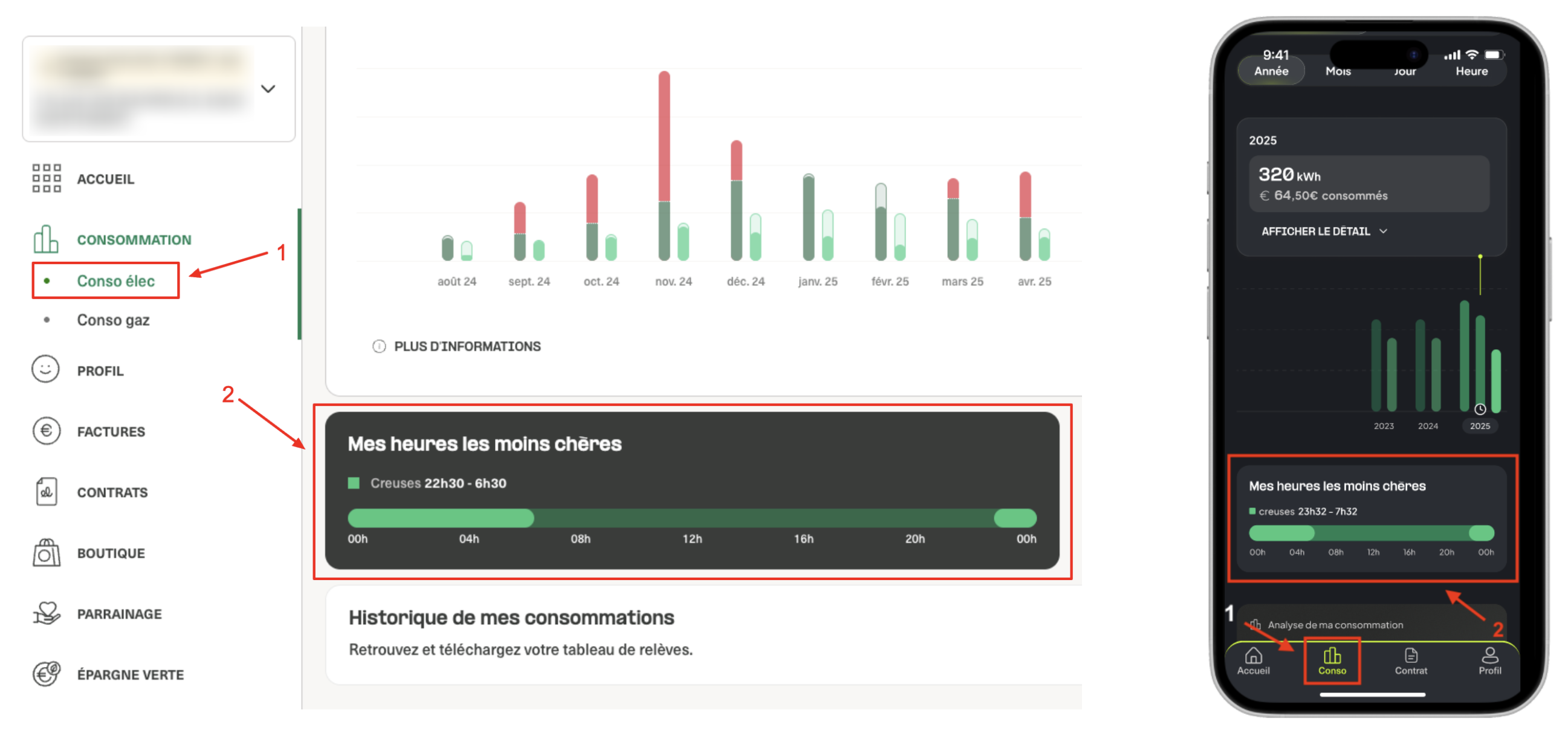 accès à l'encart des heures pleines/heures creuses depuis l'espace client web ilek et l'application ilek+