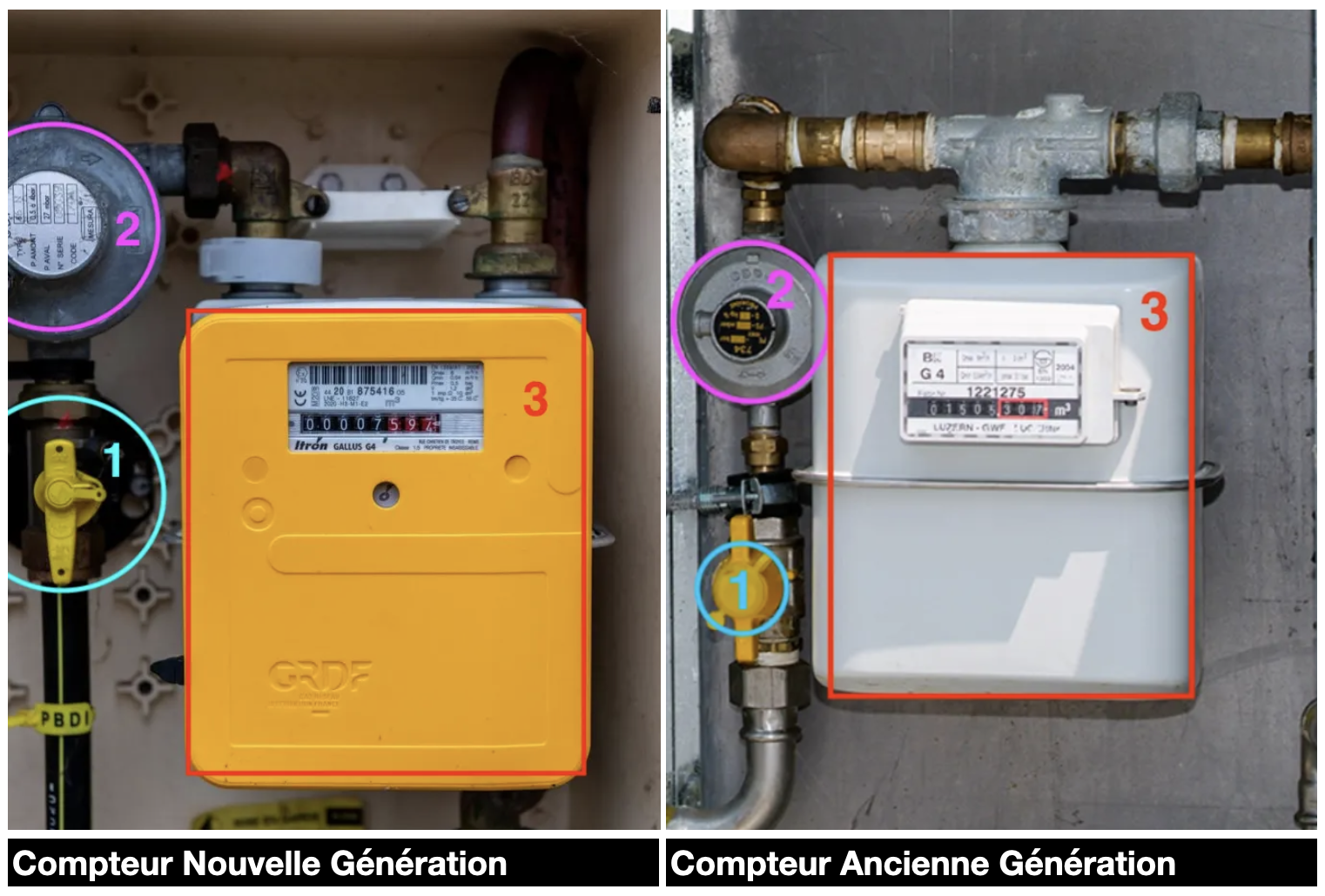 Photos des compteurs de gaz, à gauche, le compteur de nouvelle génération (gazpar), à droite, le compteur d'ancienne génération