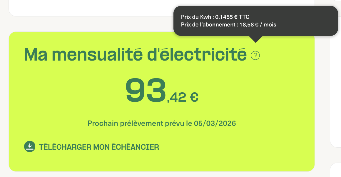 Affichage de la mensualité dans l'espace client